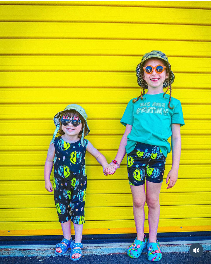 UV Glow Black Smiley Disco Short Legged Reversible Romper House of Happy Threads