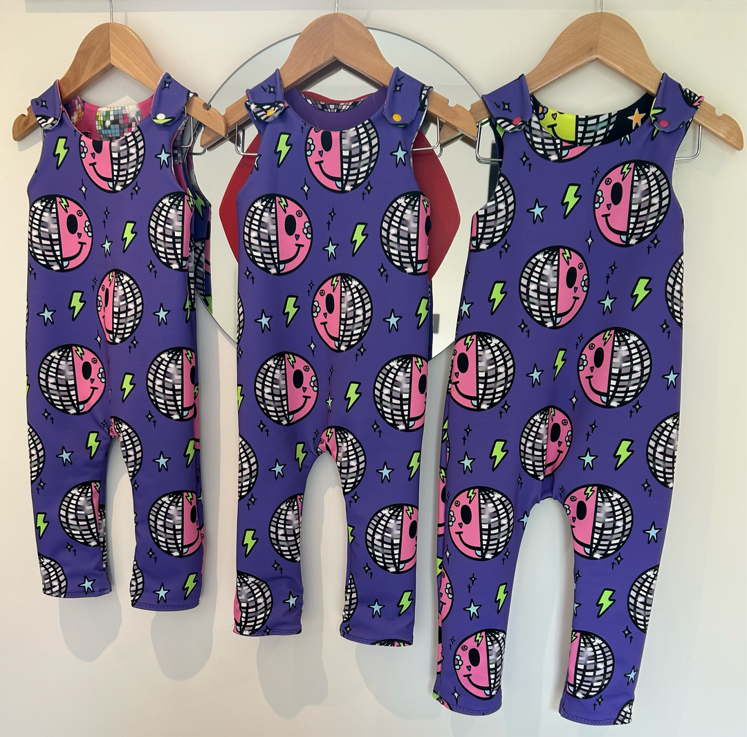 UV Glow Purple Smiley Disco Long Legged Reversible Romper House of Happy Threads
