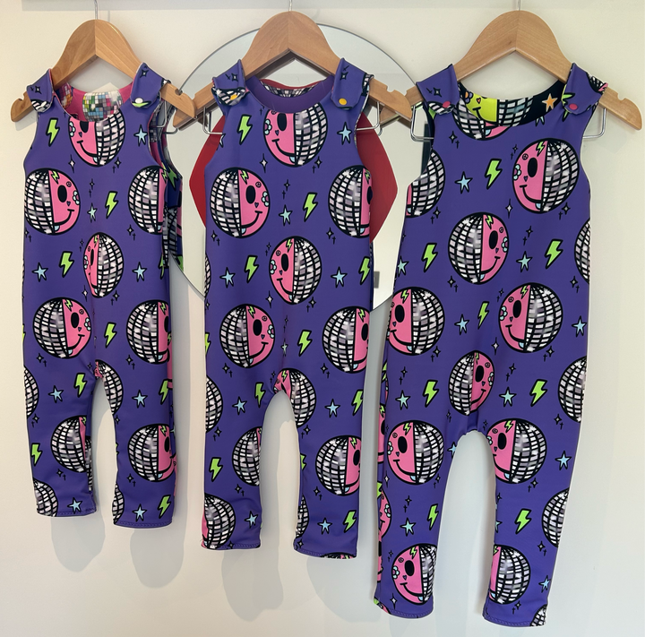 UV Glow Purple Smiley Disco Long Legged Reversible Romper House of Happy Threads
