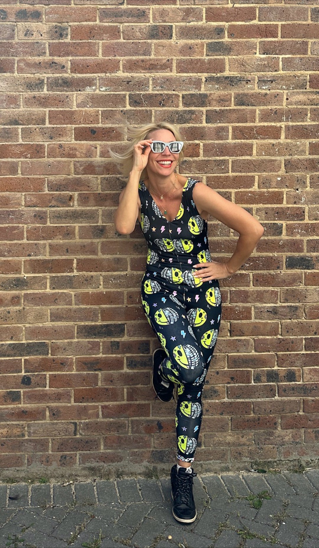 UV Black Smiley Disco Reversible Catsuit House of Happy Threads
