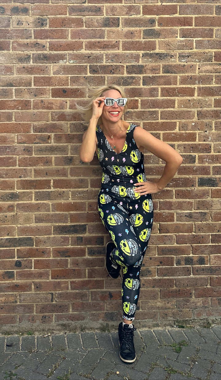 UV Black Smiley Disco Reversible Catsuit House of Happy Threads