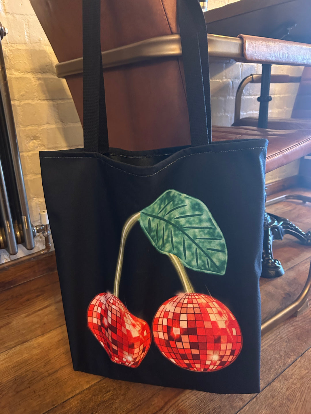 Red Cherry Disco Tote Bag (Large) House of Happy Threads