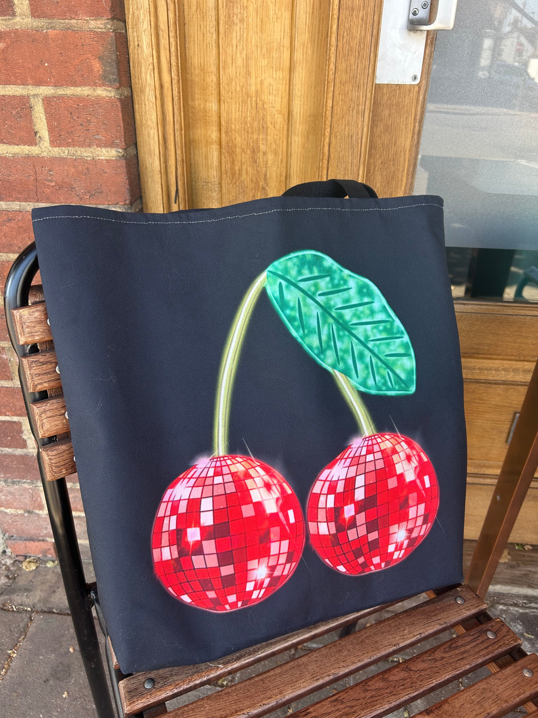 Red Cherry Disco Tote Bag (Large) House of Happy Threads