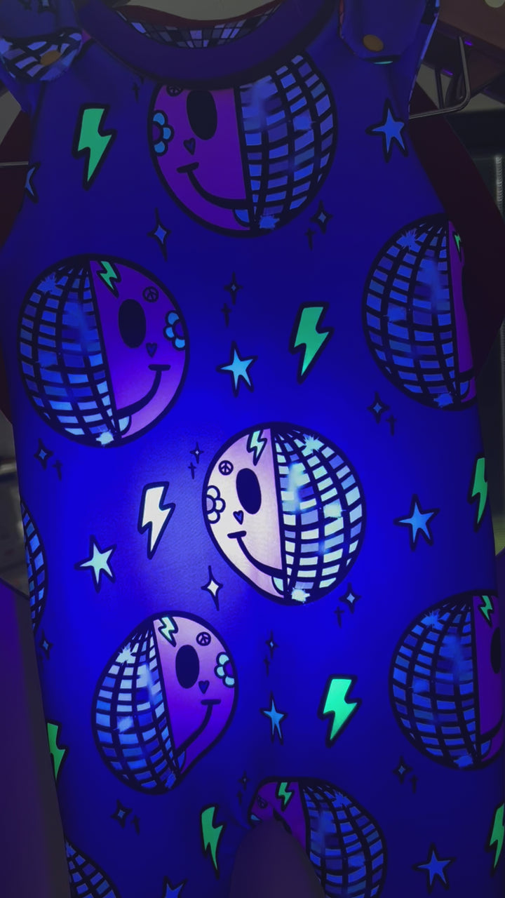 UV Glow Purple Smiley Disco Long Legged Reversible Romper House of Happy Threads